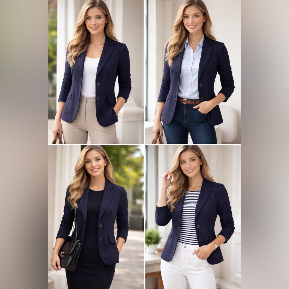Talbots Petite Navy Textured Blazer Jacket Stretch Career Work 8P Classic